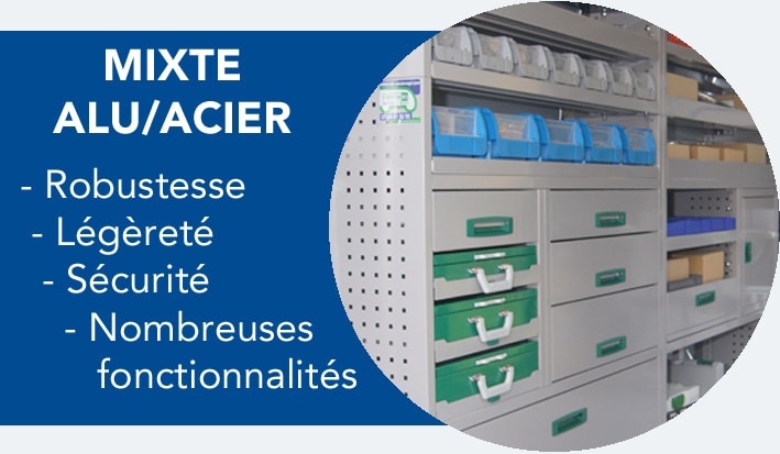 Les aménagements en bois ont toujours existé. Réalisés par des professionnels ou par les artisans chez eux, cette solution séduit principalement par le fait qu’elle peut être réalisée ou modifiée par l’artisan lui-même.  Les aménagements en bois comportent de nombreux avantages :  Ils peuvent avoir un faible coût, pour des aménagements simples et, plus encore, s’ils sont faits maison.  Le bois est un excellent moyen de protection de la carrosserie en étant taillé et découpé à la taille du véhicule, d'ailleurs nos kits d’habillage en bois et nos planchers antidérapant offrent une protection optimale pour votre véhicule utilitaire. Toutefois, pour l'aménagement cette solution a ses limites.  En effet, avec du bois, il est difficile de créer des aménagements pour véhicules avec des fonctionnalités avancées. Pensons aux tiroirs, mallettes… On se retrouve assez rapidement limité.  De plus, l’un des inconvénients majeurs des aménagements pour fourgon en bois, c'est leur poids !  Le bois est un matériel lourd et dense et, une fois le véhicule aménagé, la charge utile restante est très faible.  Un autre frein à cette solution est l’usure du bois. Avec l’humidité ou juste le travail du temps, le bois s’use et vieillit.  Il est donc très difficile de réutiliser un aménagement dans plusieurs véhicules. La durée de vie d’un aménagement en bois est plutôt de l’ordre de 3-4 ans, autrement dit, celle d’un véhicule utilitaire.  Pour finir, même si le côté "fait maison" séduit de plus en plus, en aménageant son fourgon soi-même avec des kits bois pour utilitaires, sans effectuer de crash-tests sur l’aménagement ainsi réalisé, on prend de réels risques de sécurité. Le mixte alu/acier : de la robustesse avec l'acier, sans oublier le gain de charge utile avec l'alu.